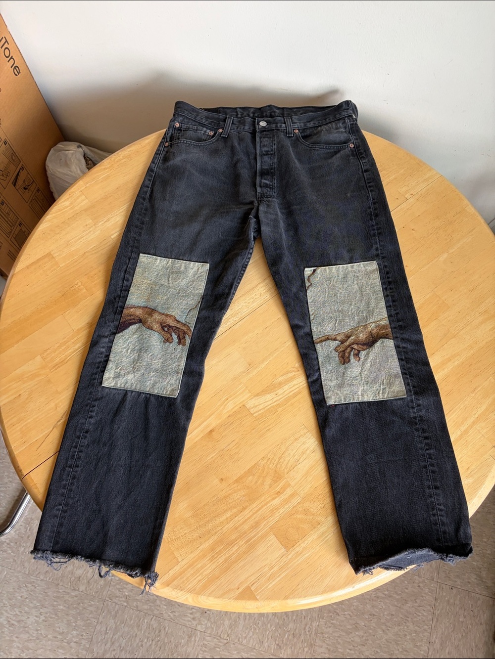 Levi's Black Distressed Jeans w/ Creation of Adam Knee Patch Art | 34x28